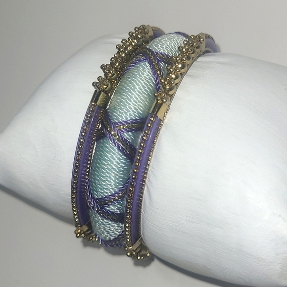 Vintage 80s Designer-Style Gold Tone Bangle Set Purple Enamel & Artisan Blue Thr - Picture 1 of 5